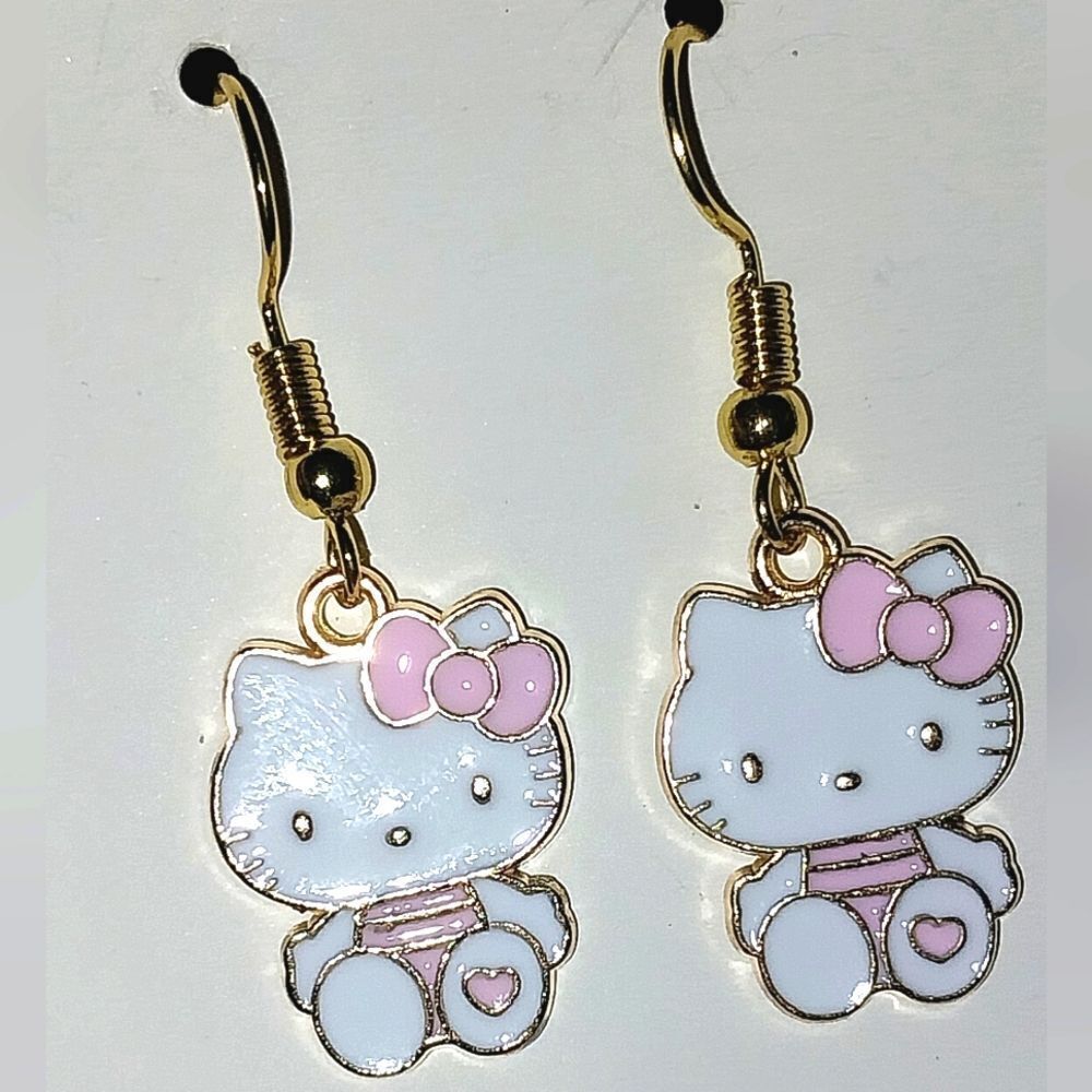 Whimsical Pink Character kitty dangle earrings For Adults And Kids - Picture 2 of 3